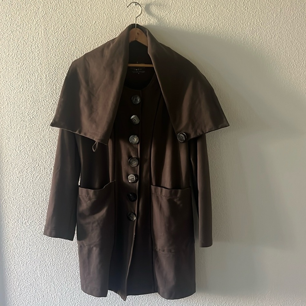 Neon Buddha Long Buttoned Lightweight Stretchy Brown Coat